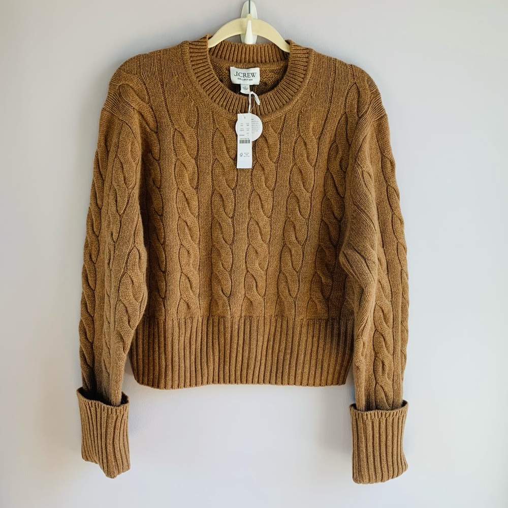 NWT Cashmere J.Crew Collection Cable Cropped Sweater Luxury Caramel Camel Large